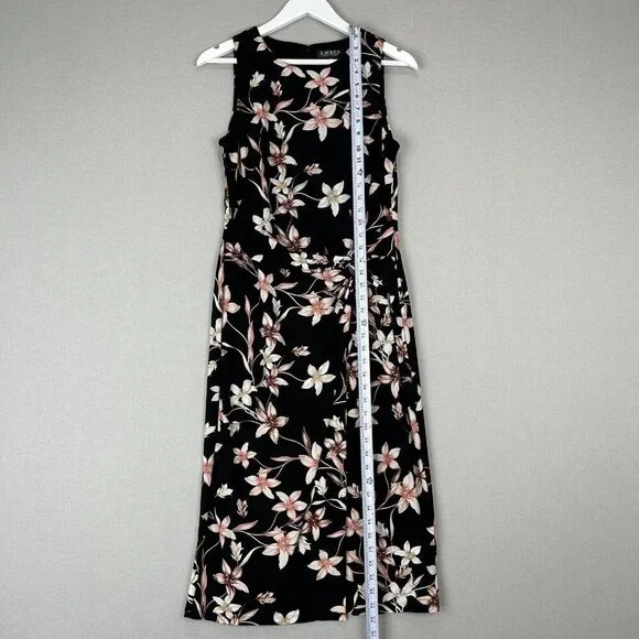 Lauren Ralph Lauren Womens Dress 8 Black Floral Midi Jersey Knot Mock Wrap Work - Picture 3 of 15